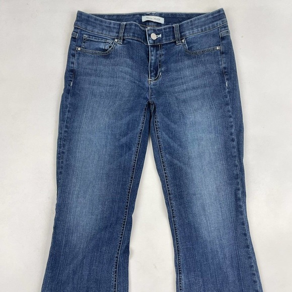 White House Black Market Blanc Flare Leg Jeans Sz 4 R Blue Cotton Blend Stretch - Picture 3 of 7
